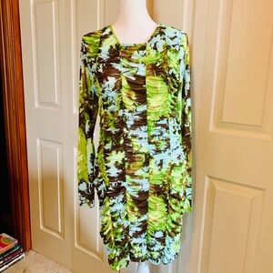 Future Collective Body Con Green and Brown Patterned Long Sleeve Dress